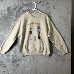 Karma Is A Cat Graphic Crewneck Sweatshirt Eras Cats‎ Beige Pullover Size Large